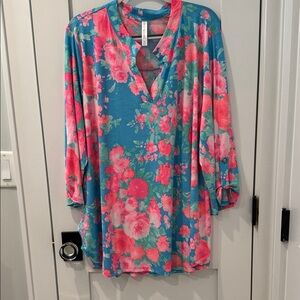 Vibrant Floral V-Neck Tunic - Blue and Pink
